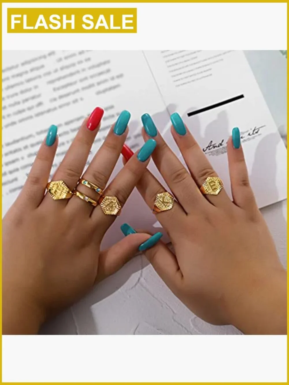 18K Gold Plated Hexagon Initial Signet Ring Adjustable Unisex